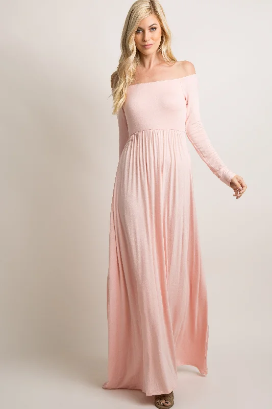 PinkBlush Pink Solid Off Shoulder Maxi Dress Fashionable Layered Maxi Dress