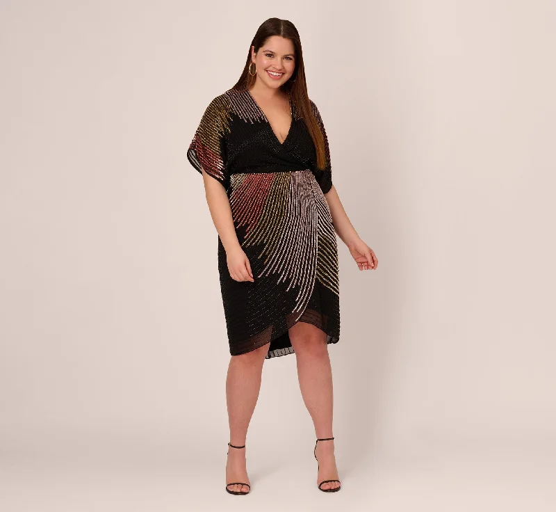 Plus Size Beaded Faux Wrap Dress With Dolman Sleeves In Black Bronze Trendy Floral Wrap Dress for Spring