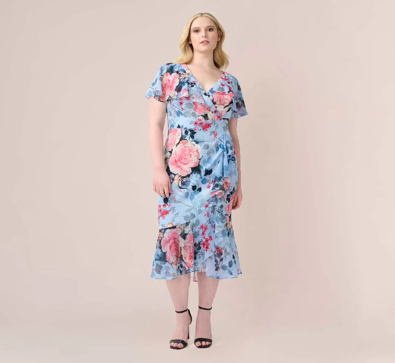 Plus Size Floral Faux Wrap Dress In Blue Multi Cozy Knit Wrap Dress