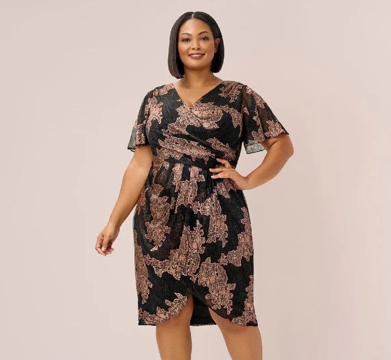 Plus Size Metallic Foil Crinkled Mesh Midi-Length Wrap Dress In Rose Gold Black Trendy Long Sleeve Wrap Dress