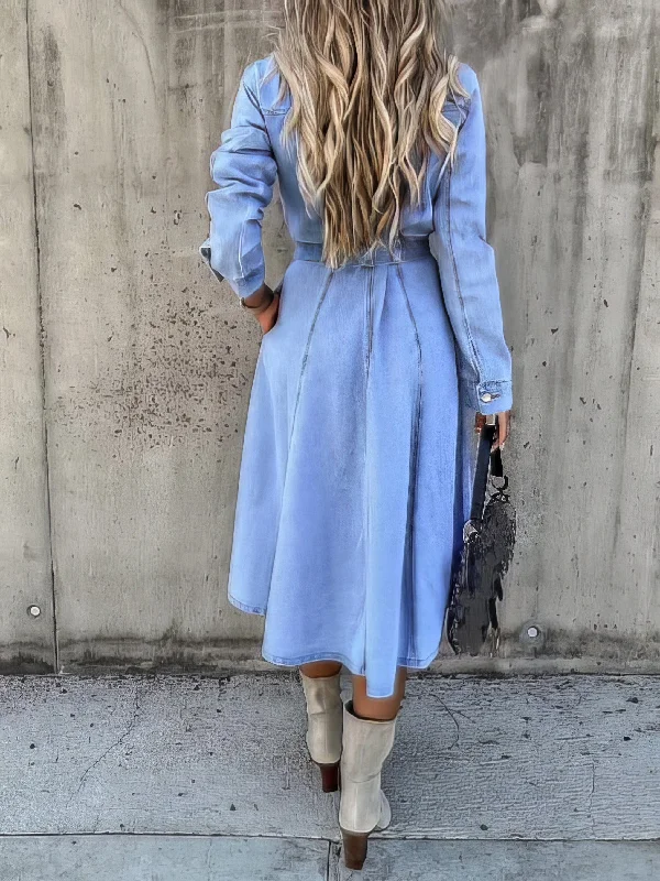 Pocket Denim Mini Dress with Lapel Stylish Puff Sleeve Mini Dress