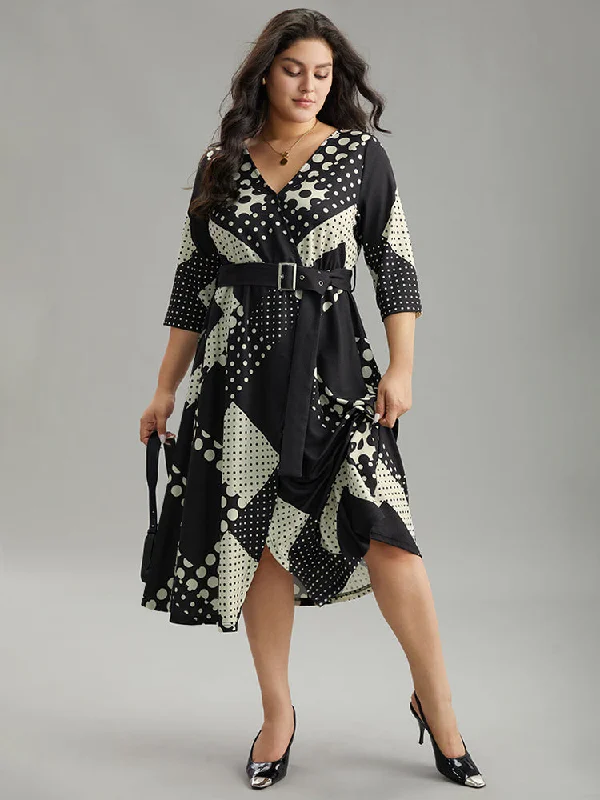 Polka Dot Geometric print Belted Wrap Dress Trendy High-Low Wrap Dress