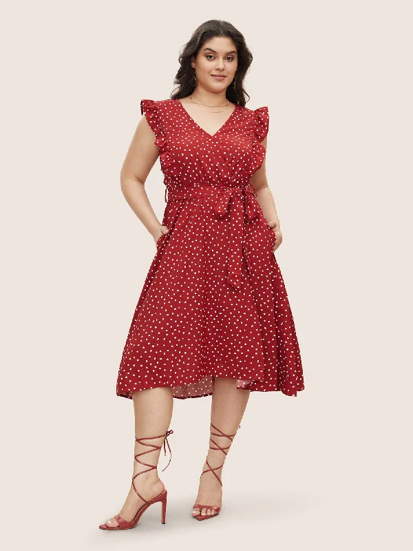 Polka Dot Ruffle Trim Pocket Belted Wrap Dress Stylish Wrap Dress with Tie-Waist