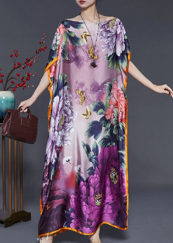 Purple Print Silk Maxi Dresses Slash Neck Batwing Sleeve Fashionable Open-Back Maxi Dress Purple Print Silk Maxi Dresses Slash Neck Batwing Sleeve Fashionable Open-Back Maxi Dress