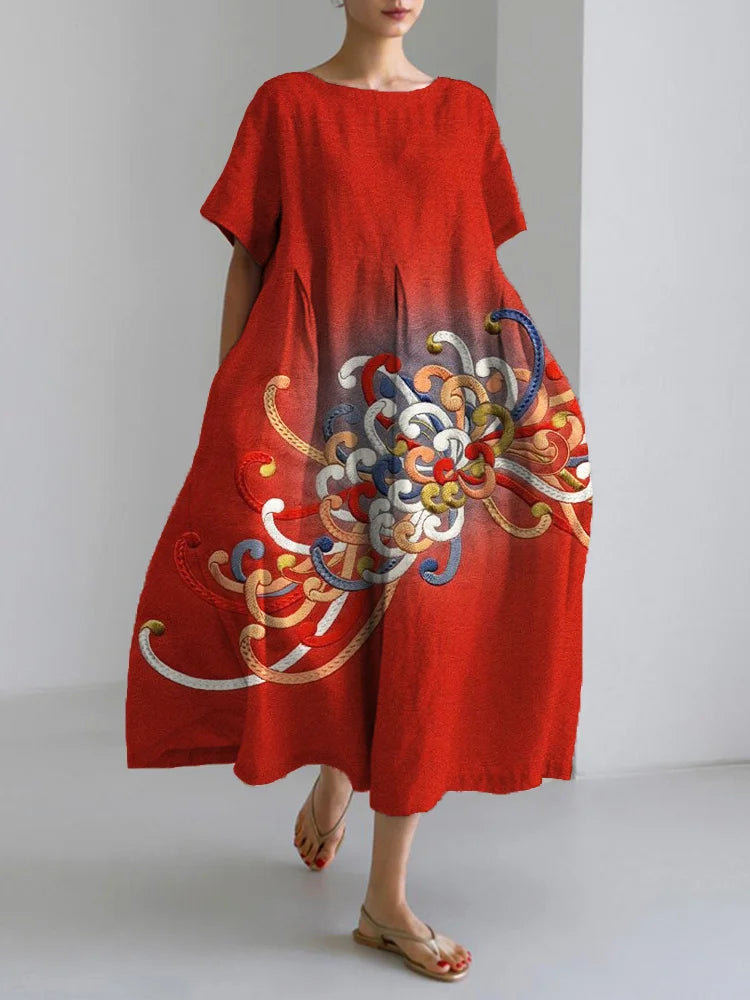 Red Chrysanthemum Flower Print Art Blend Maxi Dress Elegant Maxi Dress with Lace