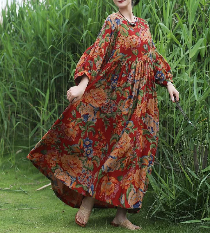 Red Ethnic Printed Cotton Linen Maxi Dresses Comfortable Bohemian Maxi Dress