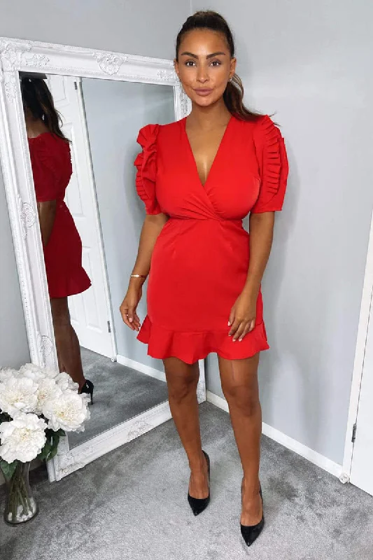 Red Pleated Sleeve Wrap Dress Stylish Fitted Wrap Midi Dress