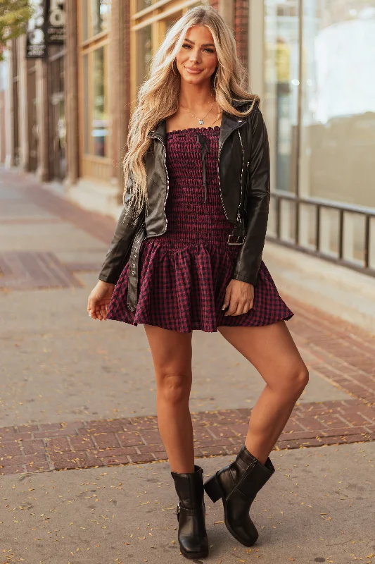 Ruby and Black Plaid Smocked Mini Dress Elegant Lace-Up Mini Dress