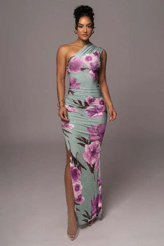 Sage Floral Eden One Shoulder Maxi Dress Comfortable Pleated Maxi Dress
