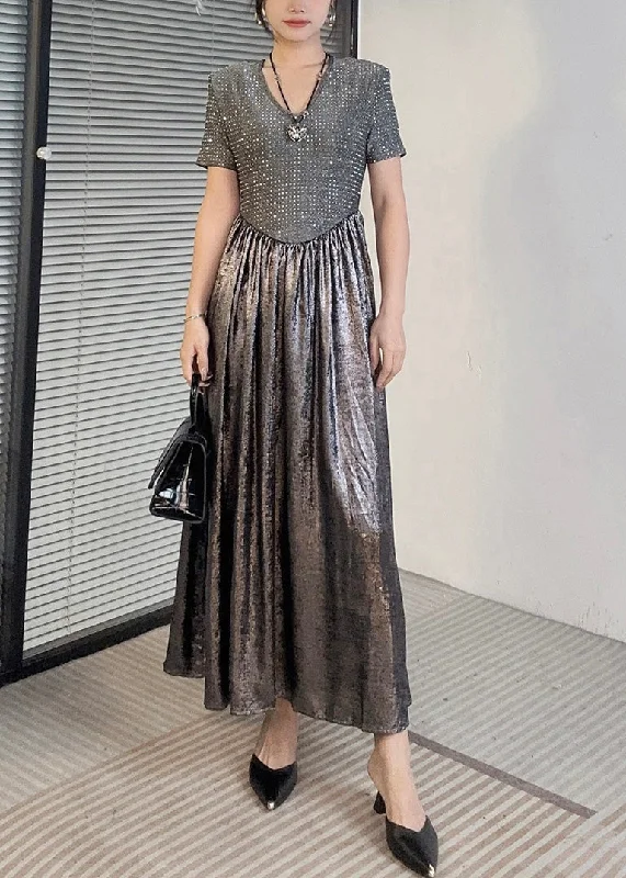 Silver Patchwork Maxi Dress Short Sleeve Fashionable Chiffon Maxi Dress