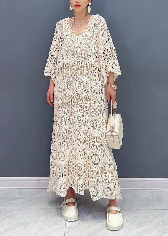 Simple Apricot O-Neck Hollow Out Knit Maxi Dress Long Sleeve Cozy Longline Maxi Dress