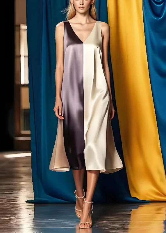 Simple Colorblock V Neck Patchwork Silk Maxi Dress Summer Classic V-Neck Maxi Dress