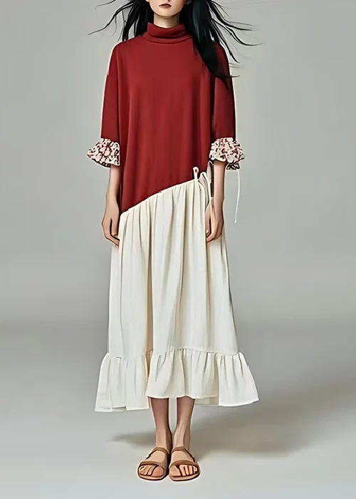 Simple Red Turtle Neck Patchwork Cotton Maxi Dress Summer Fashionable Button-Down Maxi Dress Simple Red Turtle Neck Patchwork Cotton Maxi Dress Summer Fashionable Button-Down Maxi Dress