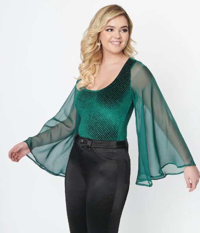 Smak Parlor Emerald Velvet Bell Sleeve Bodysuit Stylish Backless Bodysuit