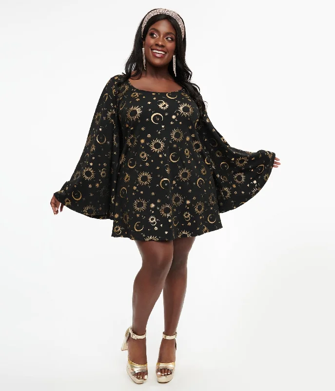 Smak Parlour 1960s Plus Size Black & Gold Celestial Print Mini Dress Fashionable Denim Mini Dress