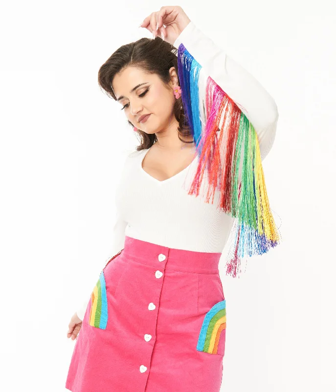 Smak Parlour 1970s White & Rainbow Fringe Sleeved Bodysuit Elegant Long Sleeve Bodysuit