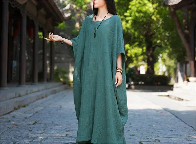 Solid Color Dolman Sleeves Cotton Linen Maxi Dresses Elegant Lace Maxi Dress