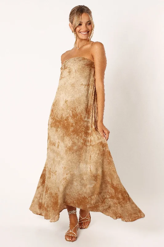 Soph Strapless Linen Maxi Dress - Tan Tie Dye Trendy Printed Maxi Dress