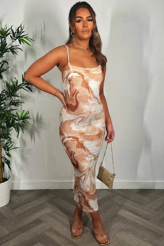 Strappy Maxi Dress Marble Print Beige Elegant Maxi Dress with Lace