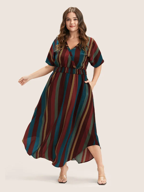 Striped Dolman Sleeve  Pocket Shirred Flutter Wrap Dress Stylish Wrap Dress with Cut-Outs