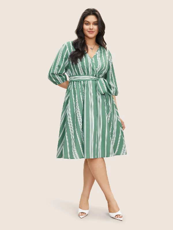 Striped Elastic Waist Belted Wrap Dress Elegant Faux-Wrap Dress