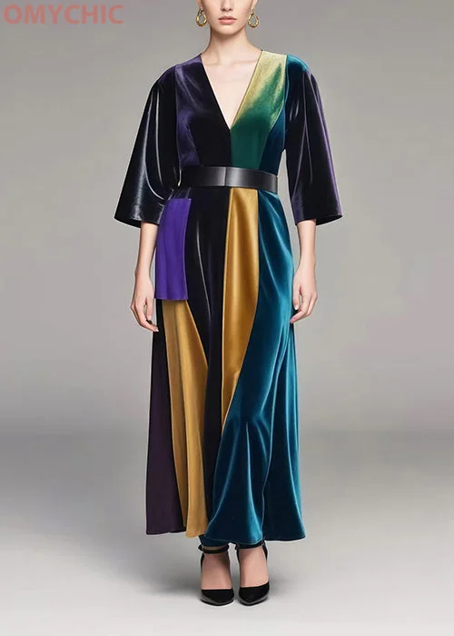 Style Colorblock V Neck Patchwork Silk Velvet Maxi Dresses Spring Trendy Maxi Dress with Straps