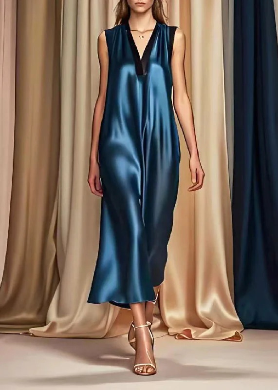 Style Navy V Neck Draping Silk Maxi Dresses Summer Cozy Spaghetti Strap Maxi Dress