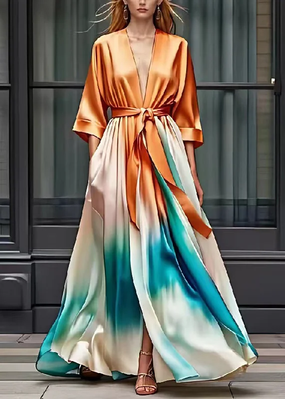 Style Orange V Neck Flattering Silk Maxi Dresses Half Sleeve Chic Summer Maxi Dress