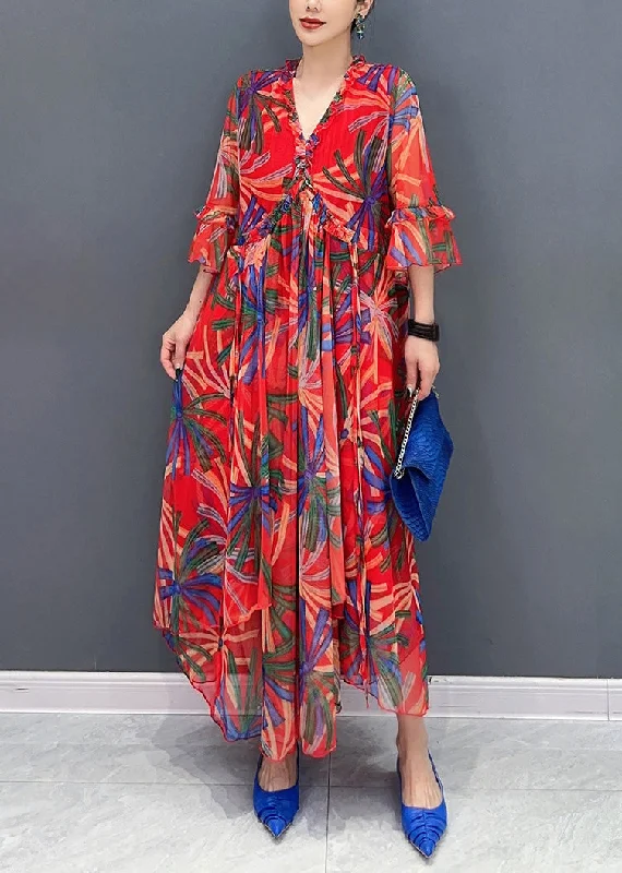Style Red V Neck Drawstring Vacation Chiffon Maxi Dresses Summer Comfortable Maxi Dress with Slits