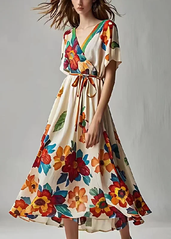 Stylish Beige Print Lace Up Cotton Maxi Dresses Summer Chic Summer Maxi Dress