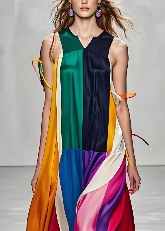 Stylish Colorblock V Neck Patchwork Silk Maxi Dress Sleeveless Stylish A-Line Maxi Dress Stylish Colorblock V Neck Patchwork Silk Maxi Dress Sleeveless Stylish A-Line Maxi Dress
