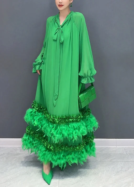 Stylish Green Feather Lace Up Patchwork Chiffon Maxi Dress Long Sleeve Comfortable Plunging Neckline Maxi Dress Stylish Green Feather Lace Up Patchwork Chiffon Maxi Dress Long Sleeve Comfortable Plunging Neckline Maxi Dress