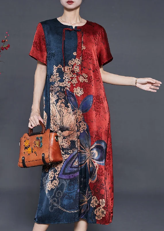 Stylish Mulberry Tasseled Print Silk Maxi Dresses Summer Cozy Maxi Dress with Slit