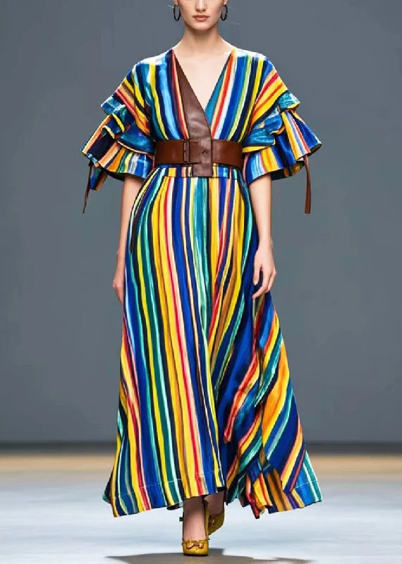 Stylish Rainbow Cinched Striped Cotton Maxi Dress Summer Elegant Lace-Up Maxi Dress