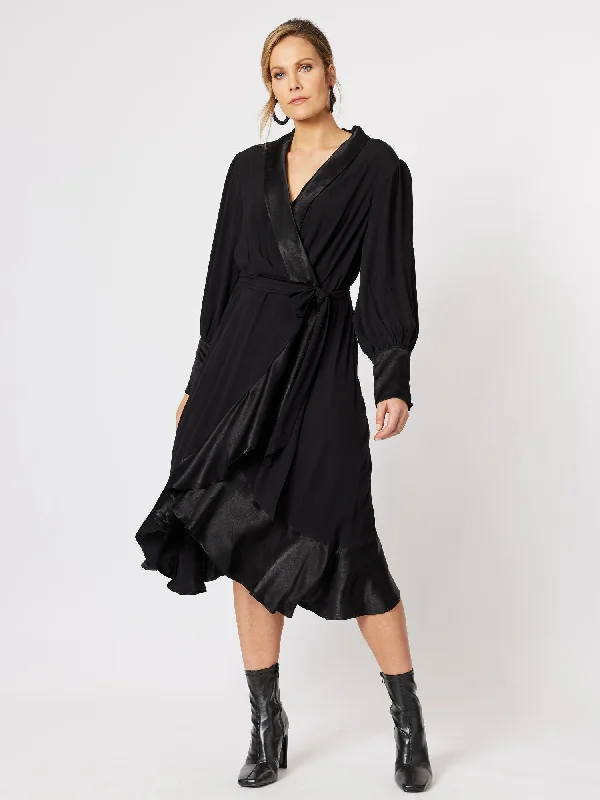 Tuxedo Satin Wrap Dress - Black Comfortable Wrap Dress with Pockets