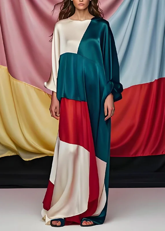 Unique Colorblock O Neck Patchwork Silk Party Maxi Dress Long Sleeve Comfortable Long-Sleeve Maxi Dress Unique Colorblock O Neck Patchwork Silk Party Maxi Dress Long Sleeve Comfortable Long-Sleeve Maxi Dress