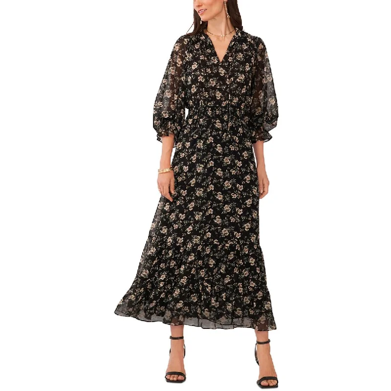 Vince Camuto Womens Chiffon Metallic Maxi Dress Cozy Ruffle Sleeve Maxi Dress