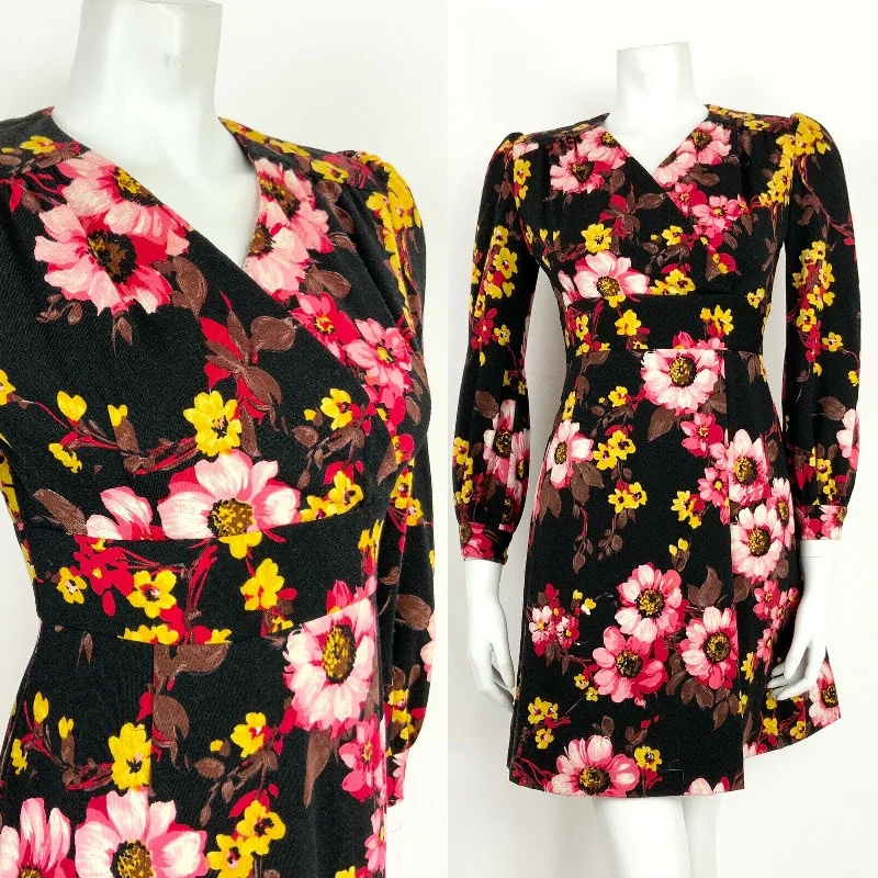 VINTAGE 60s 70s BLACK PINK YELLOW FLORAL BOHO WRAP DRESS 10 12 Comfortable Relaxed Fit Wrap Dress