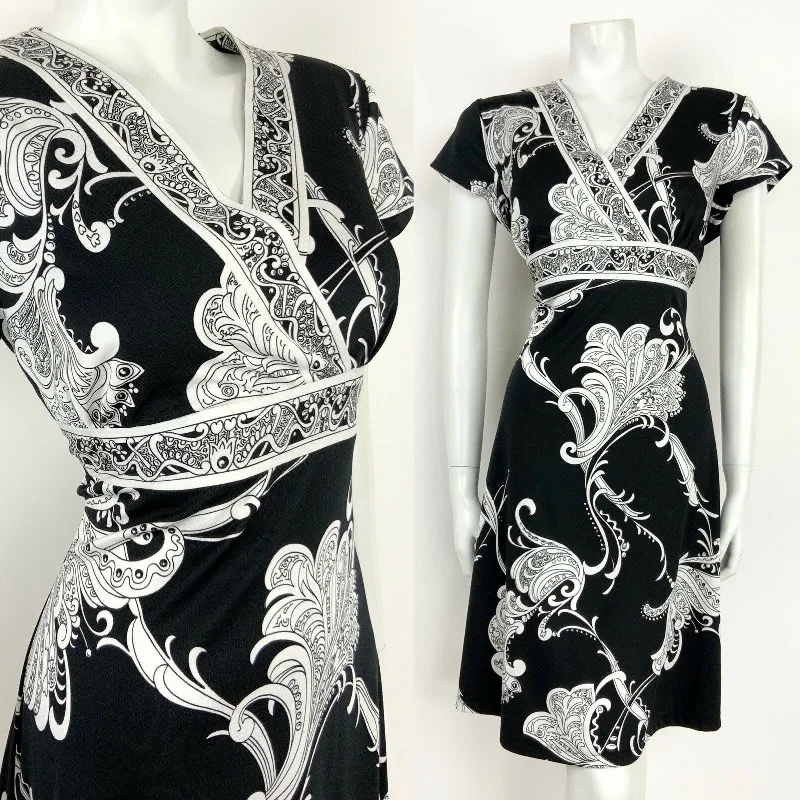 VINTAGE 60s 70s BLACK WHITE FLORAL GRECIAN PAISLEY WRAP DRESS 12 14 Comfortable Ribbed Wrap Dress