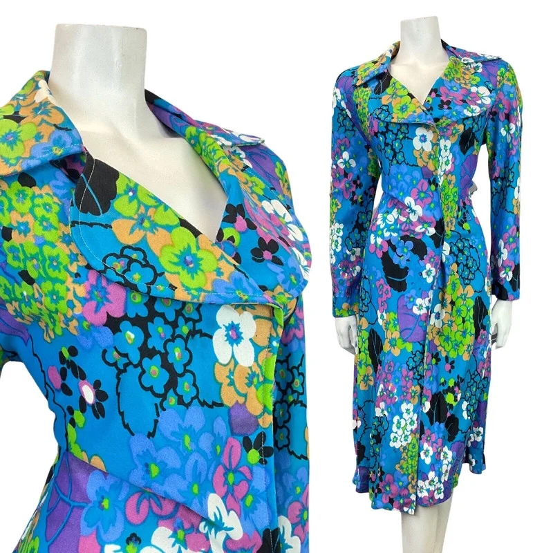 VINTAGE 60s 70s BLUE GREEN BLACK FLORAL PSYCHEDELIC HOUSECOAT WRAP DRESS 12 14 Fashionable Polka Dot Wrap Dress