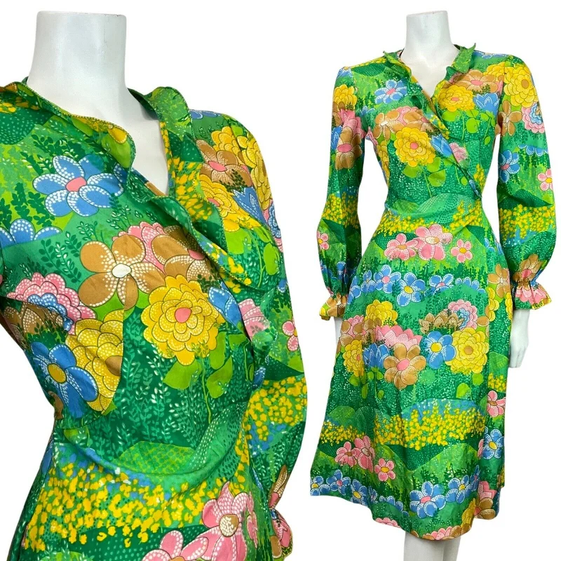 VINTAGE 60s 70s GREEN BLUE YELLOW PSYCHEDELIC FLORAL GARDEN RUFFLE WRAP DRESS 10 Fashionable Casual Wrap Dress