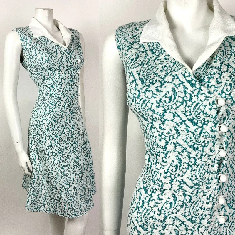 VINTAGE 60s 70s GREEN WHITE PAISLEY FLORAL WRAP DRESS 14 Stylish Pleated Wrap Dress