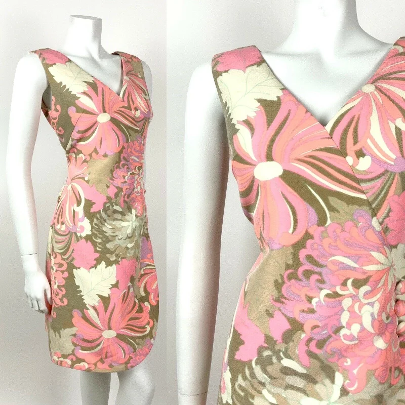 VINTAGE 60s 70s NEON PINK PURPLE BEIGE BROWN PSYCHEDELIC FLORAL WRAP DRESS 12 Elegant Stretch Wrap Dress