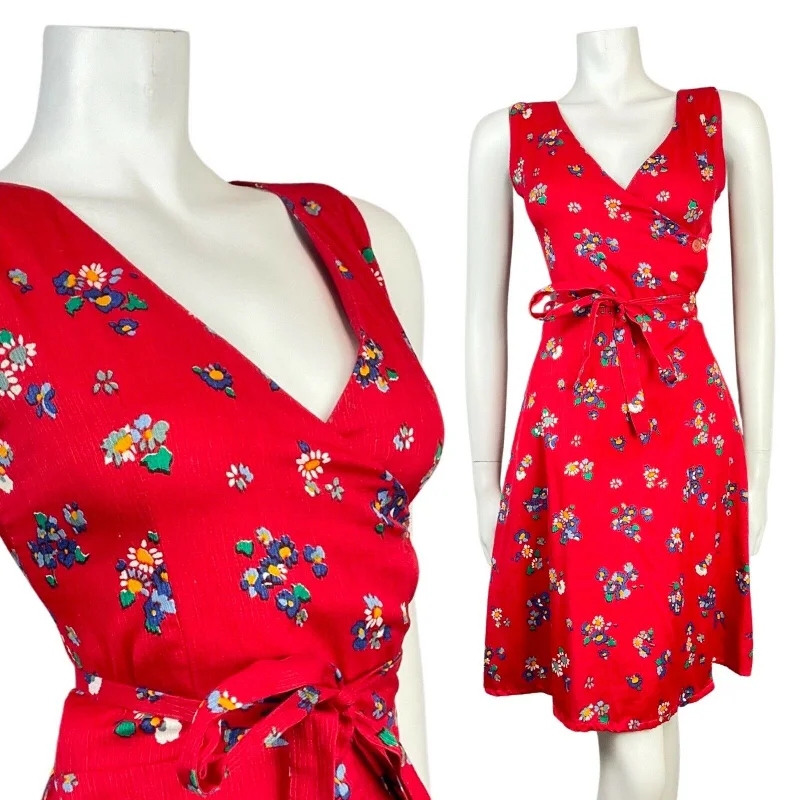 VINTAGE 60s 70s RED BLUE GREEN DITSY FLOWER SLEEVELESS MOD WRAP DRESS 10 12 Comfortable Wrap Dress with Zipper