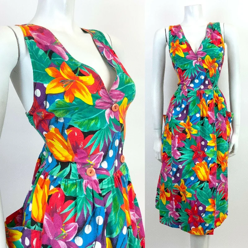 VINTAGE 70s 80s GREEN PURPLE YELLOW FLORAL LILY JUNGLE WRAP DRESS 12 Stylish Square Neck Wrap Dress