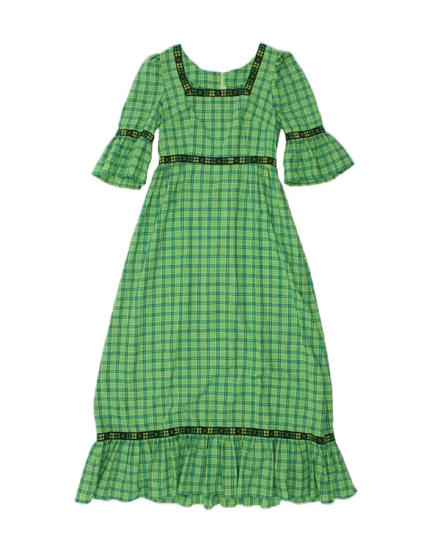 VINTAGE Womens 3/4 Sleeve Maxi Dress UK 10 Small Green Check Trendy Maxi Dress with Belt