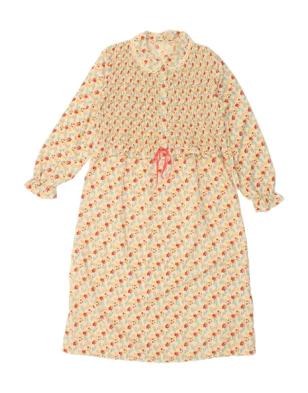 VINTAGE Womens Maxi Dress IT 50 XL Beige Floral Trendy Short Sleeve Maxi Dress