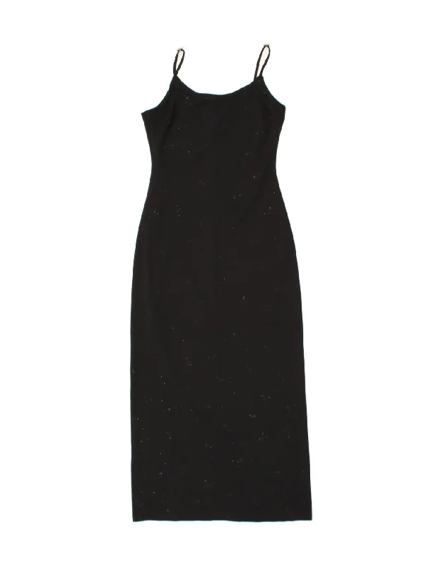 VINTAGE Womens Maxi Dress UK 12 Medium Black Geometric Cozy Ribbed Maxi Dress