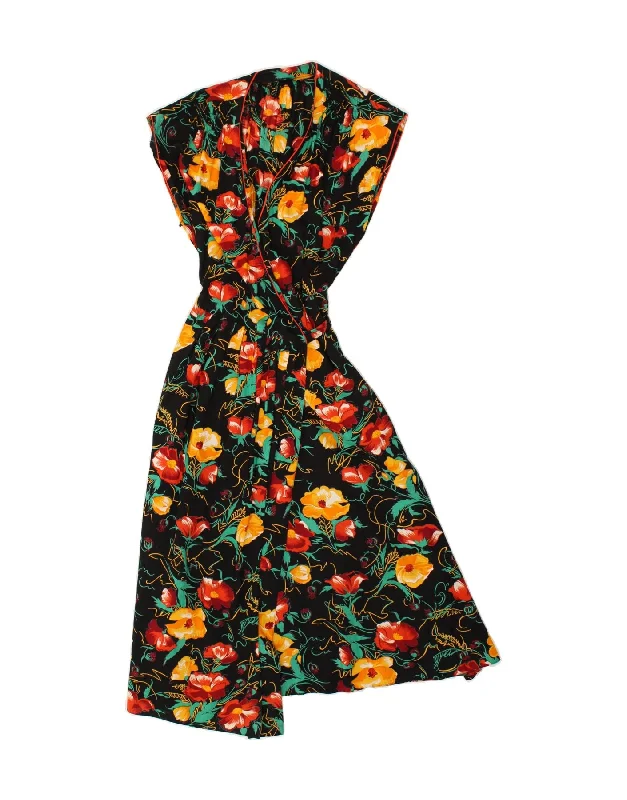 VINTAGE Womens Sleeveless Wrap Dress UK 14 Large Black Floral Fashionable Button-Down Wrap Dress