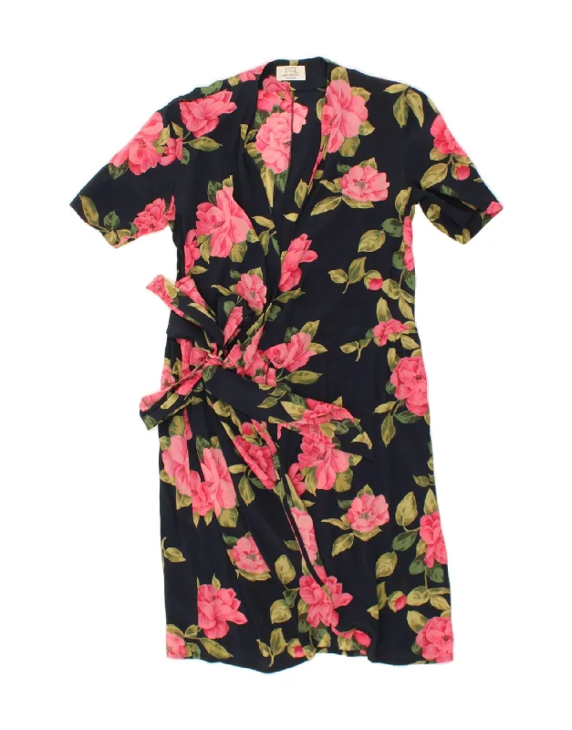 VINTAGE Womens Wrap Dress IT 42 Medium Black Floral Comfortable Relaxed Fit Wrap Dress